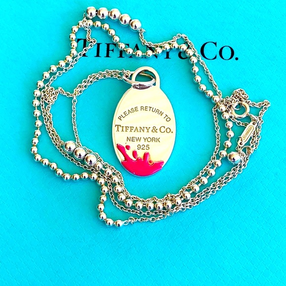 Tiffany & Co. Jewelry - Mix bead chain and medium oval pink enamel splash necklace